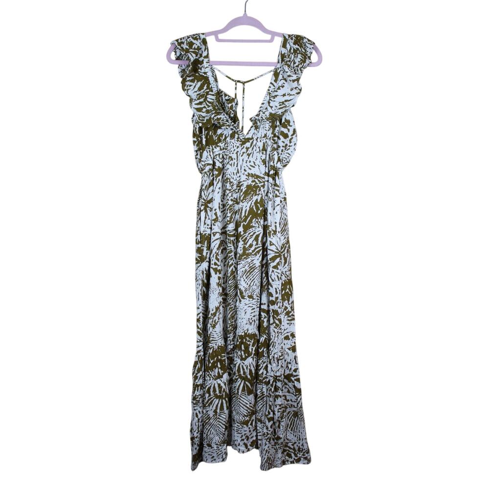 Blue Island Green & White Tropical Sleeveless Ruffle Vneck Midi Sun Dress Size S
